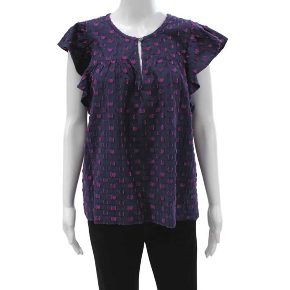 Xirena Women Silk Polka Dot Short Sleeve Blouse Dark Blue Size M